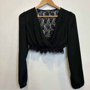 Hommage LA Sheer Lace Back Long Sleeve Crop Top Black Lace Trim